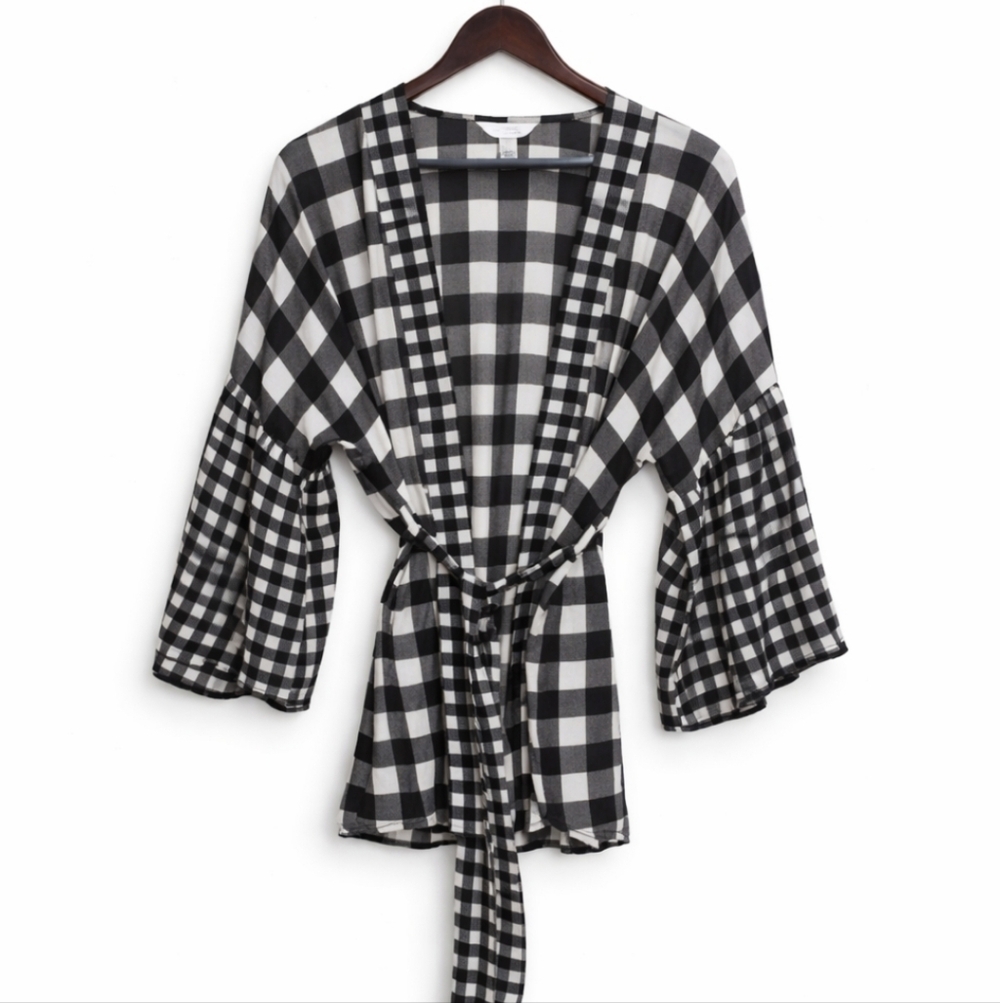 Lauren Conrad Black White Checked Gingham Kimono Cardigan Belted Wrap One Size